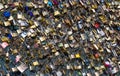 Locks on the fence of the bridge of lovers in Paris. Royalty Free Stock Photo